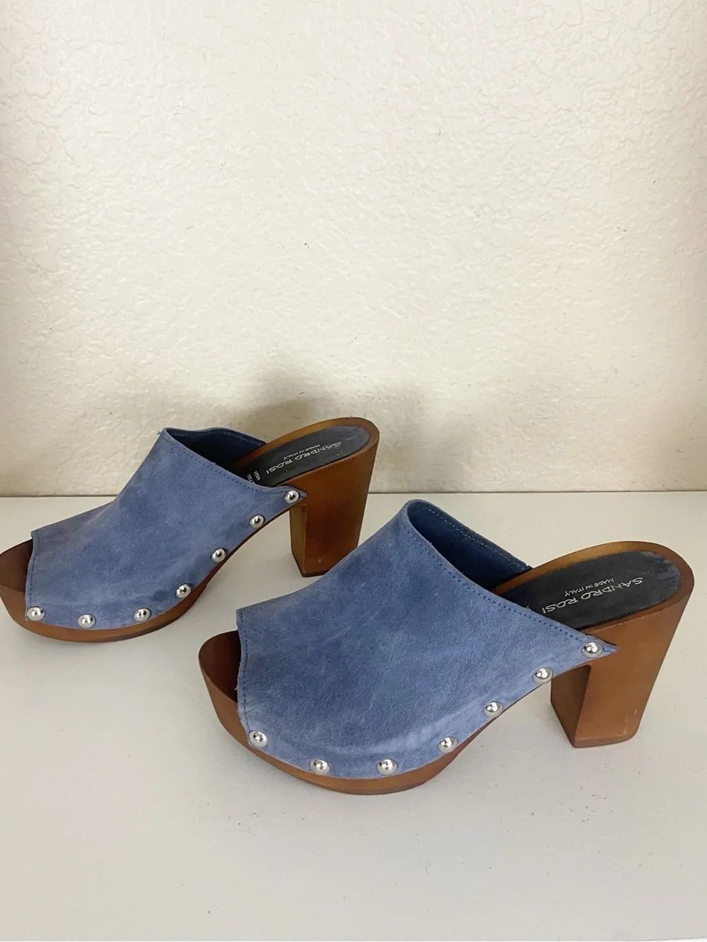 Sandro Rosi Made in Italy Blue Suede leather Studded Wooden Clogs 39 - Picture 10 of 10